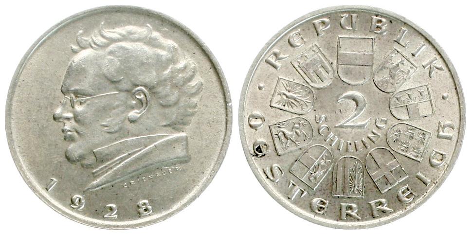  Österreich: 2 Schilling 1928, Franz Schubert, vz, Silber (12 gr. 640er), siehe Bilder!   