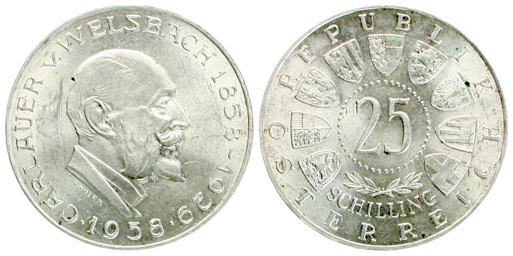  Österreich: 25 Schilling 1958, Auer von Welsbach, näheres unten!   