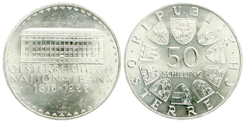  Österreich: 50 Schilling 1966, Nationalbank Österreichs, 20 gr. 900er Silber (18 gr. fein)   