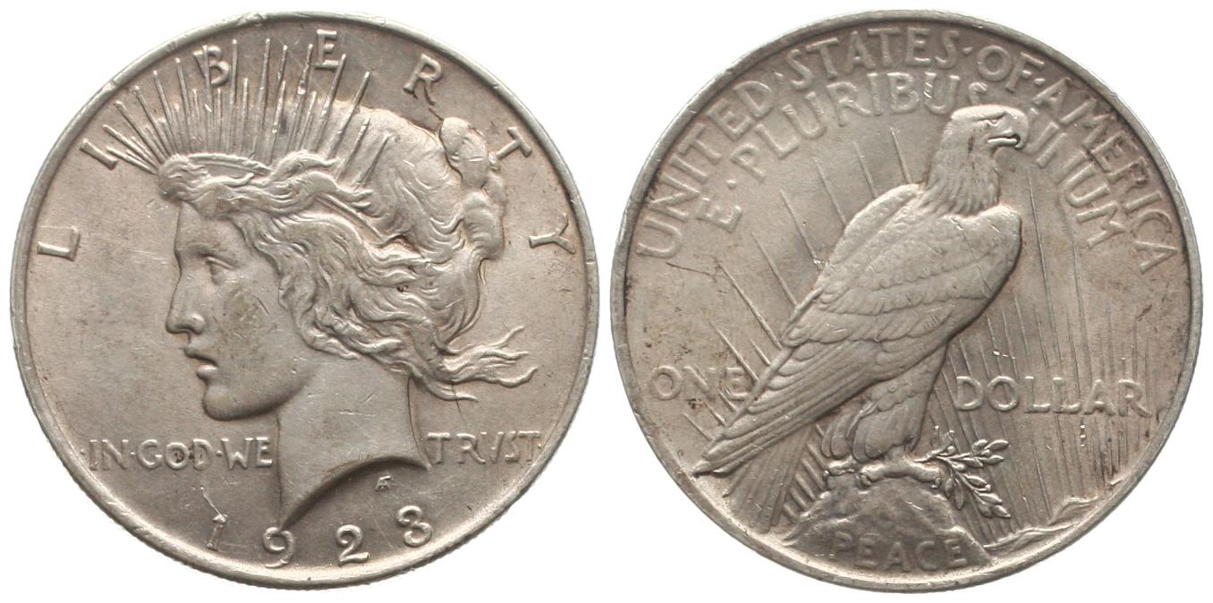  USA: 1 Dollar 1923, Peace Dollar mit schöner Patina, siehe unten!   