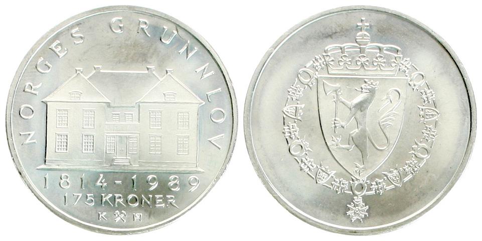  Norwegen: Olav V., 175 Kroner 1989, 175 Jahre Verfassung, Prachtstück!!! Silber, 26,5 gr. 925er   