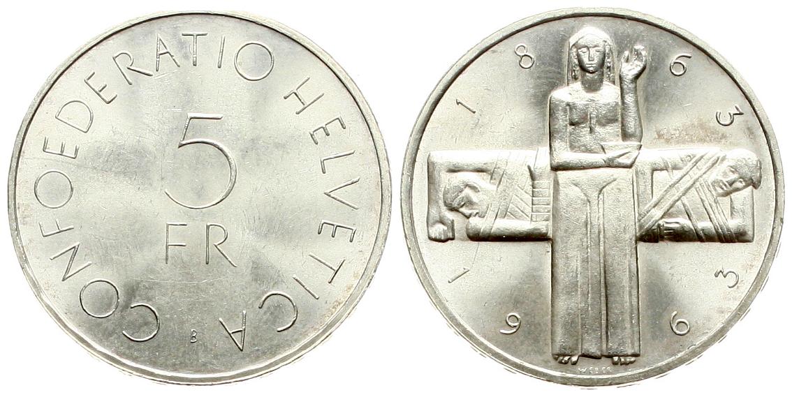  Schweiz: 5 Franken 1963, 100 Jahre Internationales Rotes Kreuz, näheres unten!   