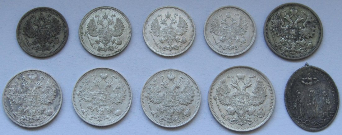  Russland: Lot aus neun Silberkopeken, zusammen 10,8 g Feinsilber   
