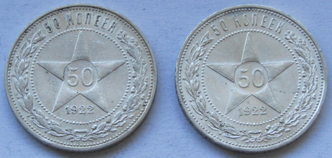  Sowjetunion/Russland: 2 x 50 Kopeken 1922, zusammen 18 g Feinsilber   