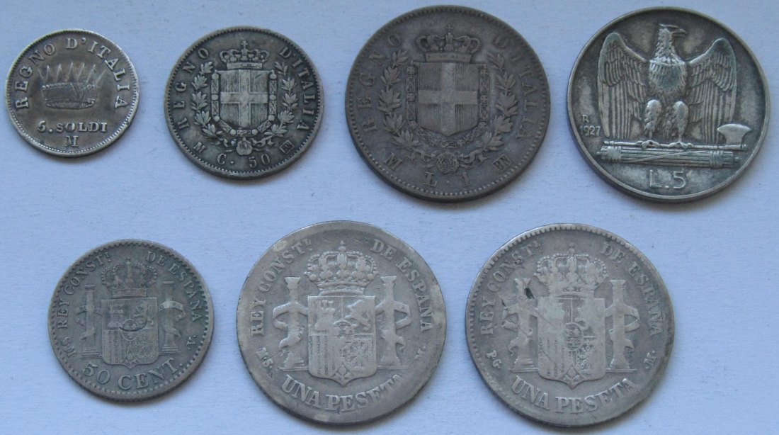  Italien/Spanien: Lot aus sieben Silbermünzen, zusammen 22 g Feinsilber   