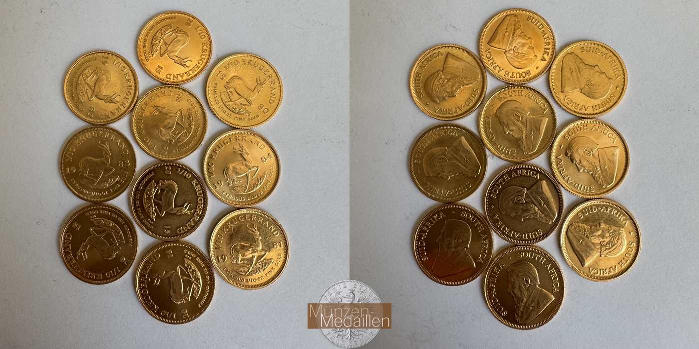 Südafrika  10 x 1/10 Unze MM-Frankfurt   Feingold: 31,103 g Krügerrand 10 Stück diverse Jgg. 