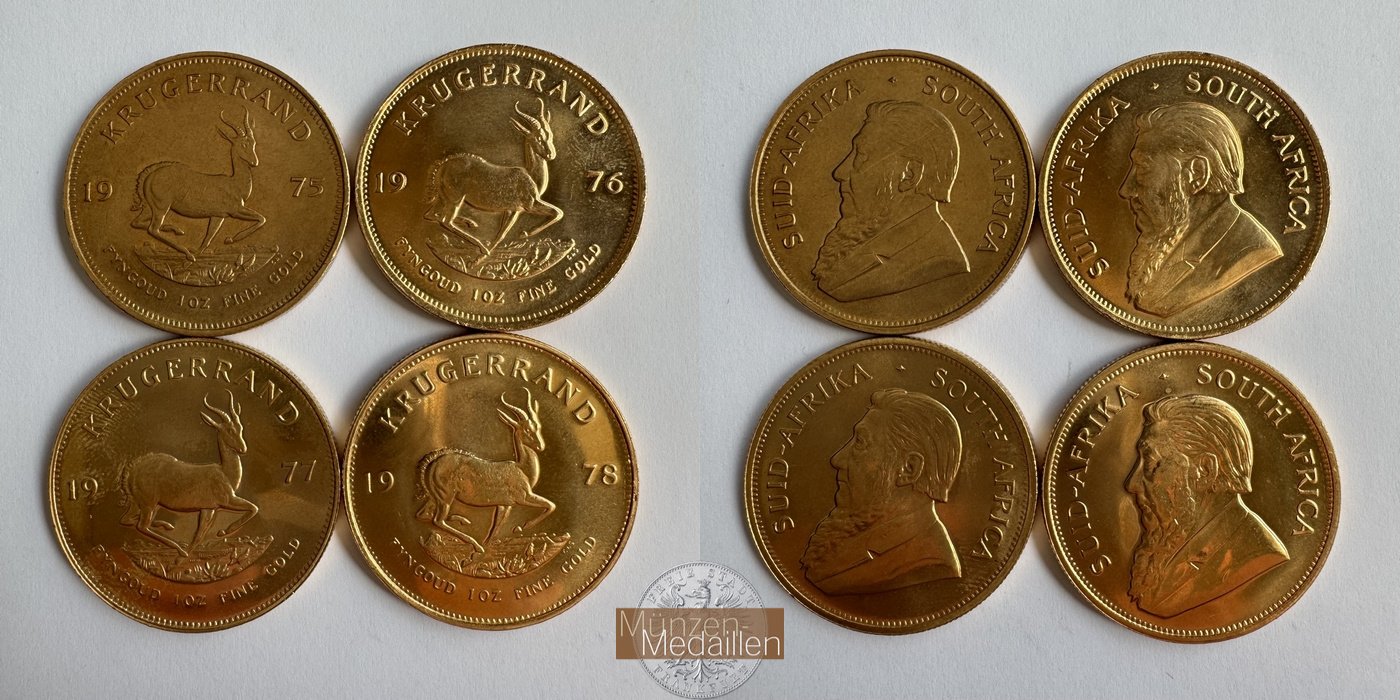 Südafrika  4 x 1 Unze MM-Frankfurt Feingold: 124,41g Krügerrand - 4 Stück verschiedene 