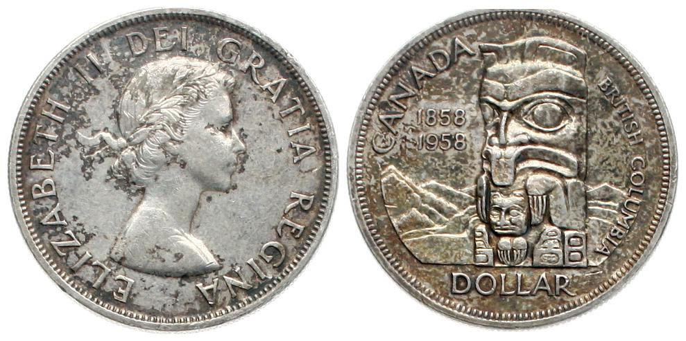  Canada: Elisabeth II., 1 Dollar 1958, British Colombia, 23,3 gr. Silber (18,64 fein) schöne Patina!   