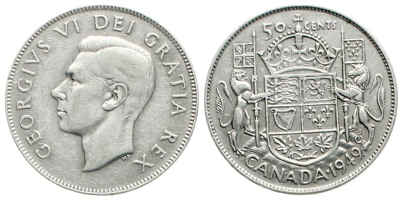  Canada: Georg VI., 50 Cents 1949 11,66 gr. Silber (9,32 fein) schöne Patina!   