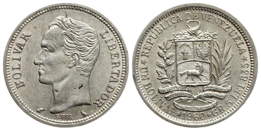  Venezuela: 1 Bolivar 1960, Simon Bolivar, Silber, siehe unten!   
