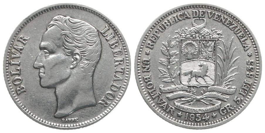  Venezuela: 1 Bolivar 1954, Simon Bolivar, Silber, siehe unten!   