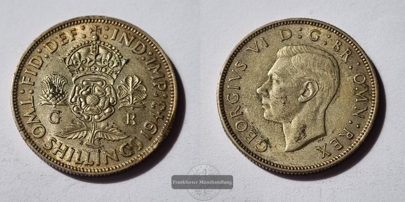  Großbritannien, 2 Shilling 1943 George VI. FM-Frankfurt Feinsilber: 5,655g   
