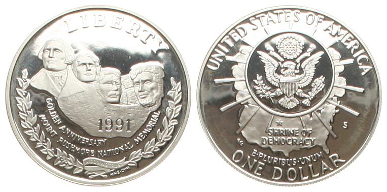  USA: 1 Dollar 1991, Mount Rushmore, stgl   