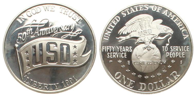  USA: 1 Dollar 1991, 50 Jahre USO, stgl   