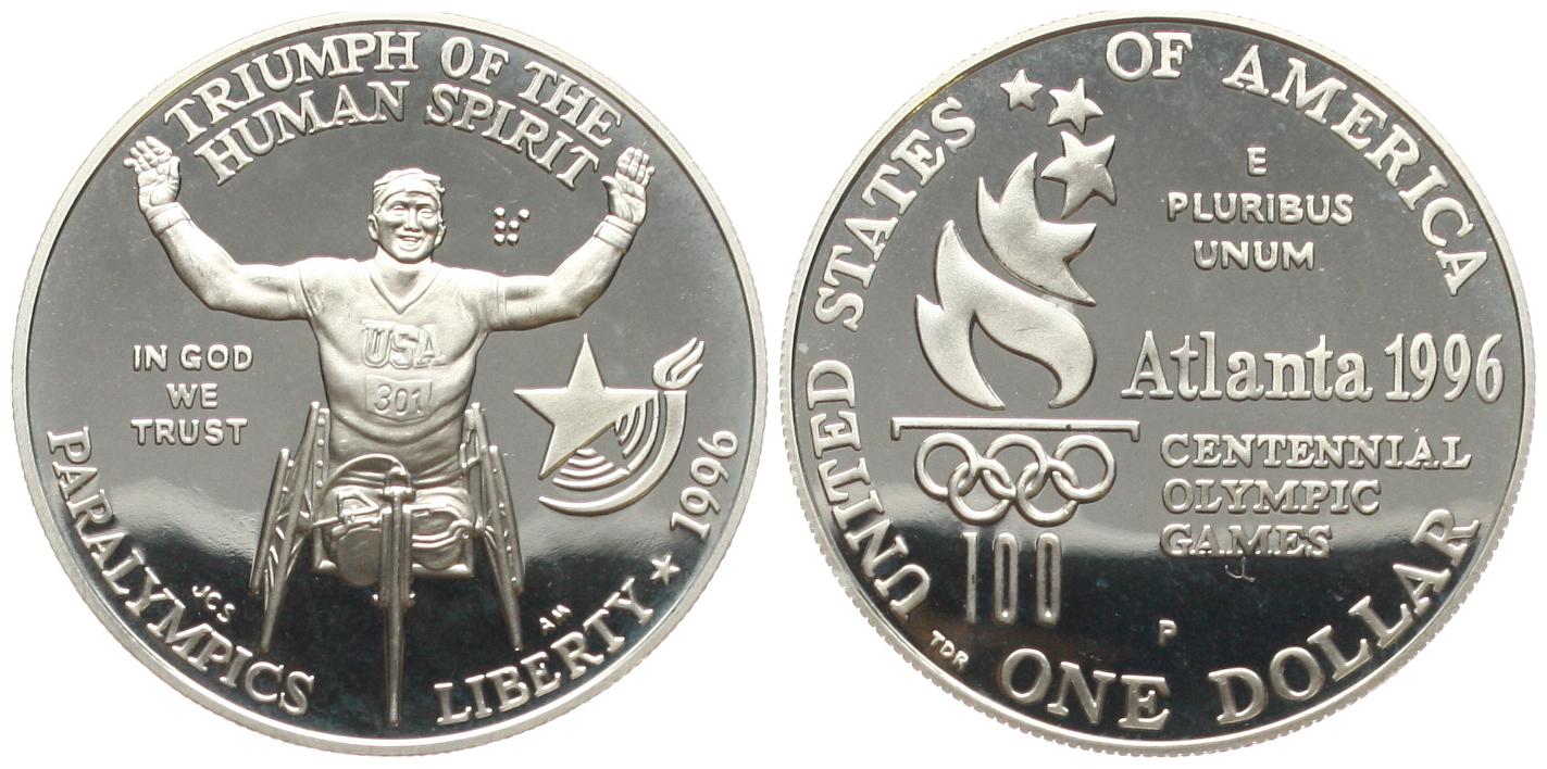  USA: 1 Dollar 1996, Atlanta Paralympics, Rollstuhlrennen, stgl   