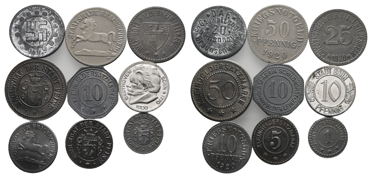  Weimarer Republik / Notgeld; Lot Kleinmünzen (9 Stück)   