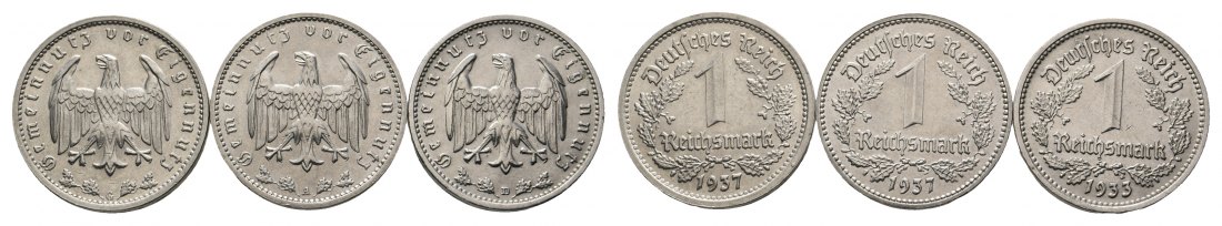  Drittes Reich; 3 Kleinmünzen (1 Reichsmark 1937/1937/1933)   