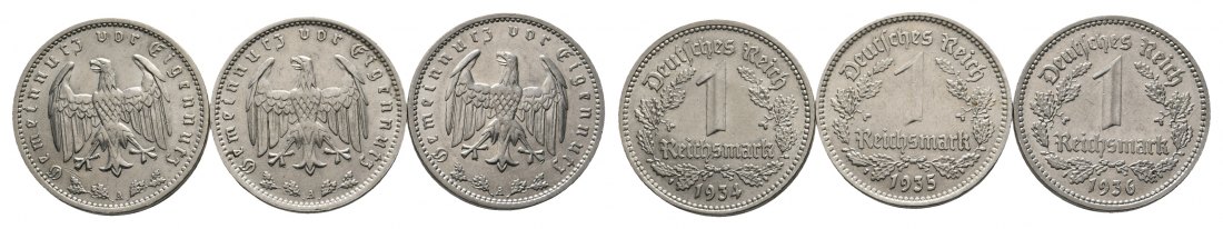  Drittes Reich; 3 Kleinmünzen (1 Reichsmark 1934/1935/1936)   