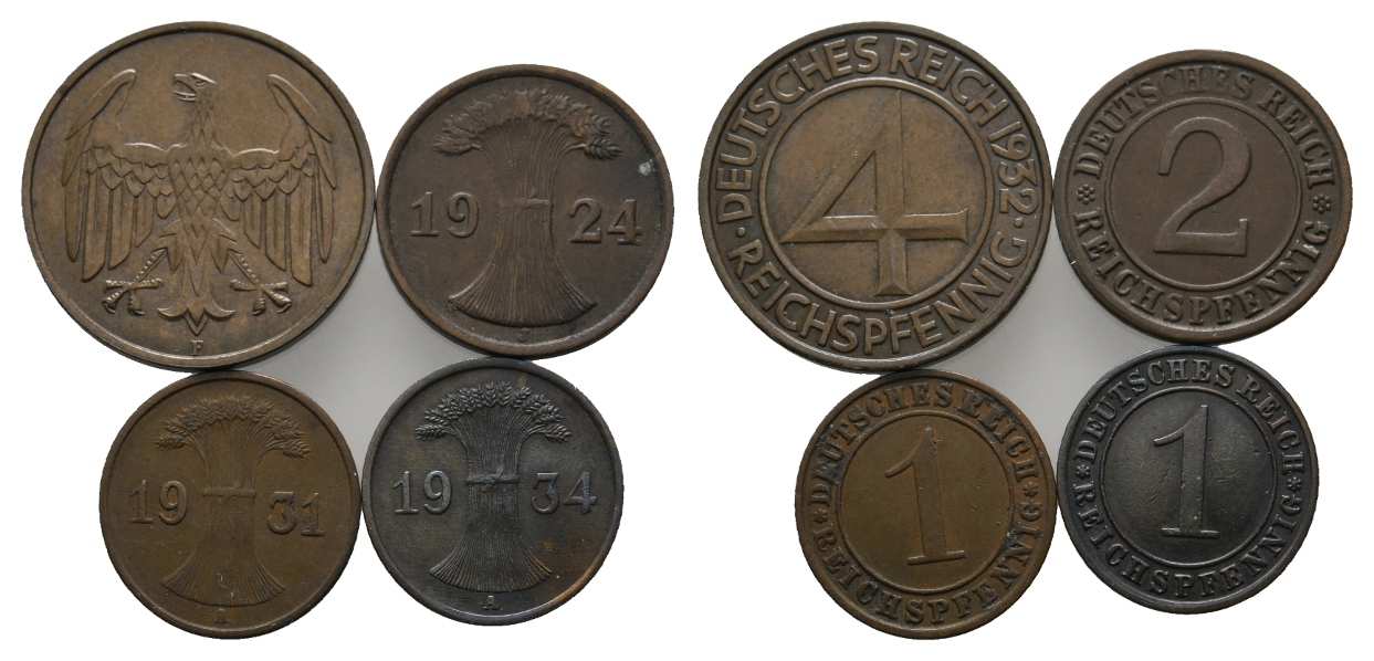  Weimarer Republik; 4 Kleinmünzen 1932/1924/1931/1934   