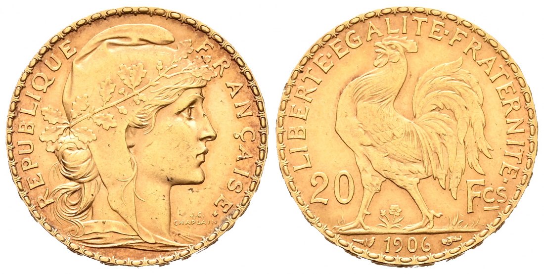 PEUS 2726 Frankreich 5,81 g Feingold. Marianne / Galischer Hahn 20 Francs GOLD 1906 Vorzüglich