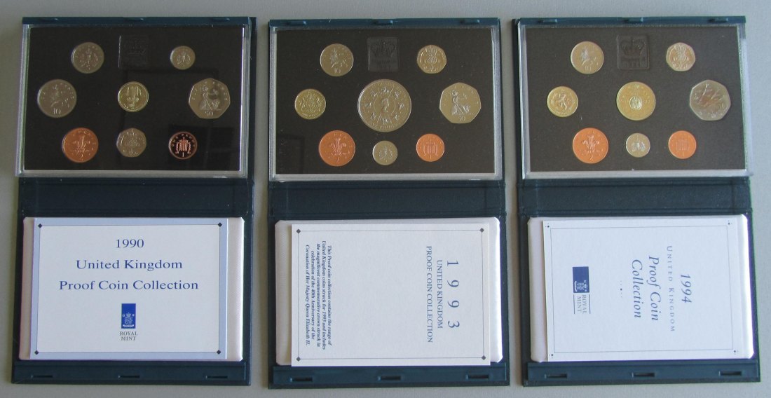  Vereinigtes Königreich: Kursmünzensätze 1990 + 1993 + 1994, PP/Proof   