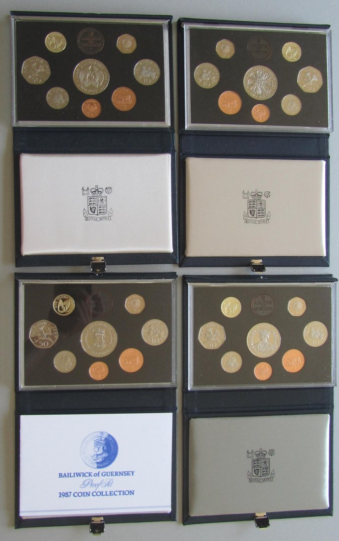  Guernsey: Kursmünzensätze 1985 + 1986 + 1987 + 1988, PP/Proof   