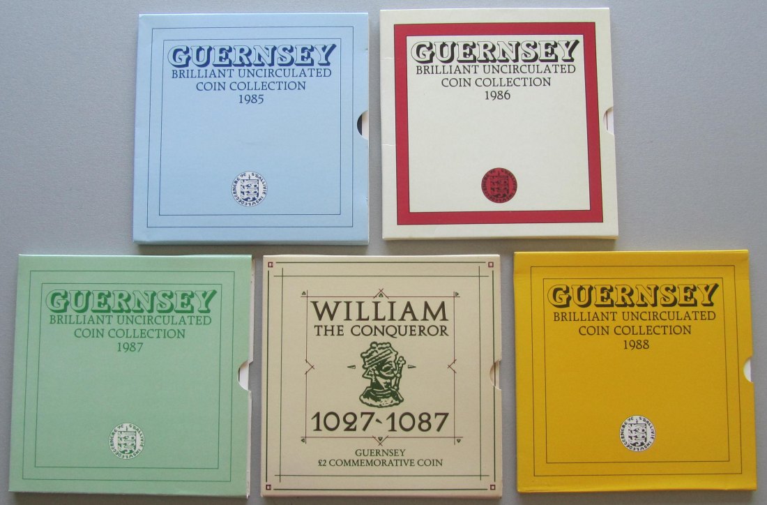  Guernsey: Kursmünzensätze 1985 + 1986 + 1987 + 1988, ST/Stempelglanz   