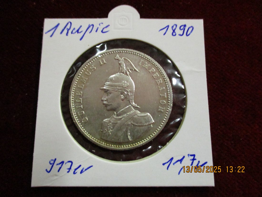  Silbermünze 1 Rupie 1890 Deutsch Ostafrika 916er Silber 11,66g rau - 1101363   