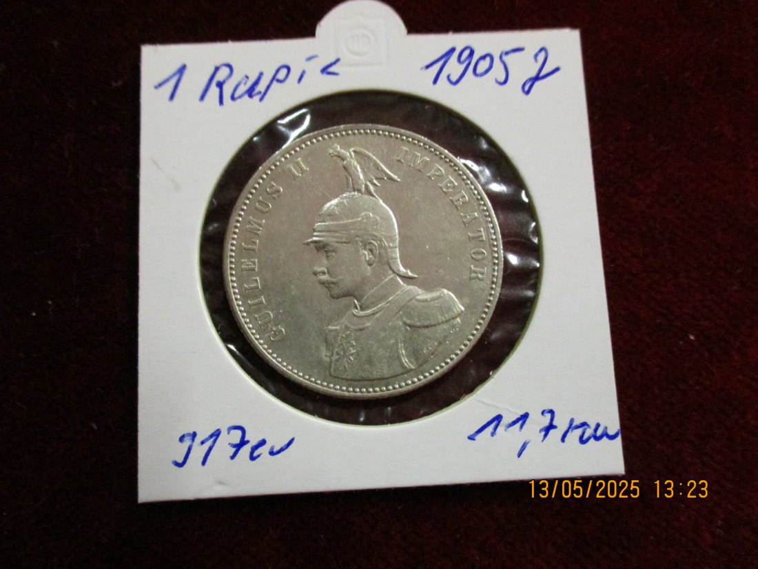  Silbermünze 1 Rupie 1905 Deutsch Ostafrika 916er Silber 11,66g rau - 1101363   