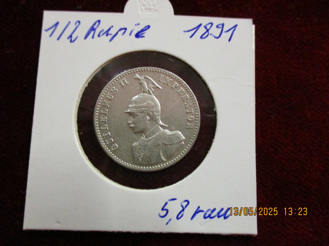 Silbermünze 1/2 Rupie 1891 Deutsch Ostafrika 916er Silber 5,83g rau - 1101363   