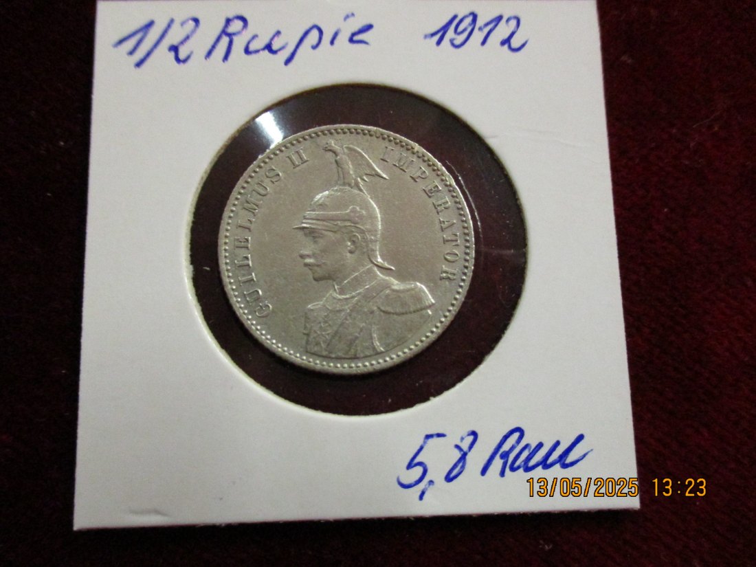  Silbermünze 1/2 Rupie 1912 Deutsch Ostafrika 916er Silber 5,83g rau - 1101363   