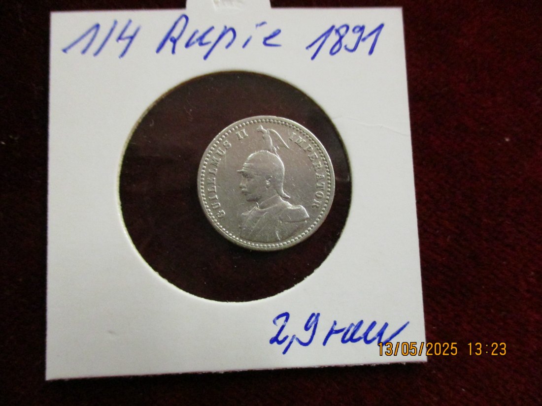  Silbermünze 1/4 Rupie 1891 Deutsch Ostafrika 916er Silber 2,9g rau - 1101363   