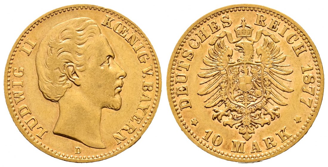 PEUS 2731 Kaiserreich - Bayern 3,58 g Feingold. Ludwig II. (1864 - 1886) 10 Mark GOLD 1877 D München Sehr schön