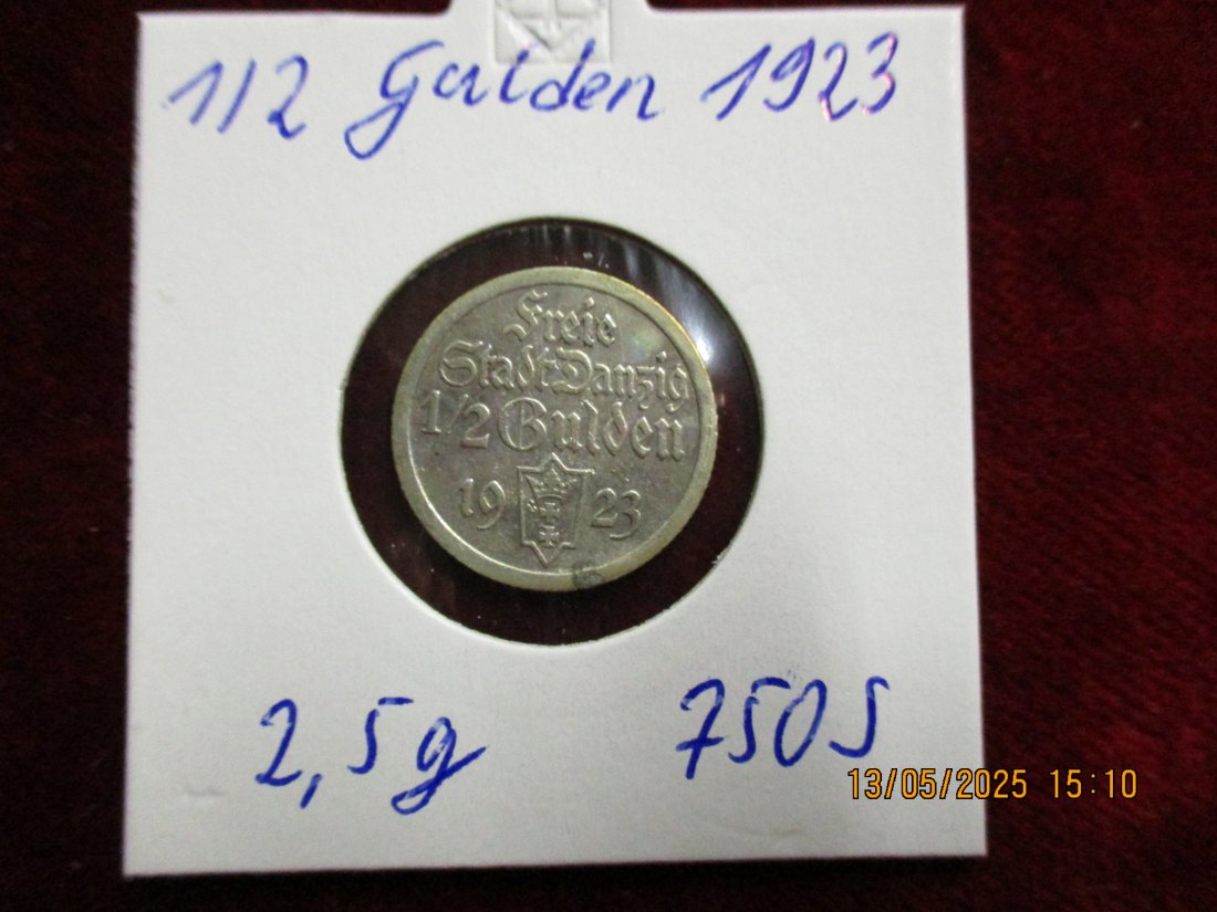  Silbermünze 1/2 Gulden 1923 Danzig 750er Silber Gewicht: 2,5g rau   