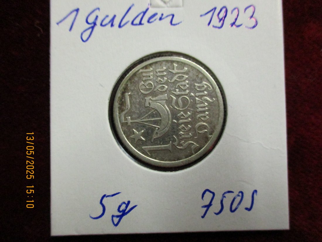  Silbermünze 1 Gulden 1923 Danzig 750er Silber Gewicht: 5g rau   