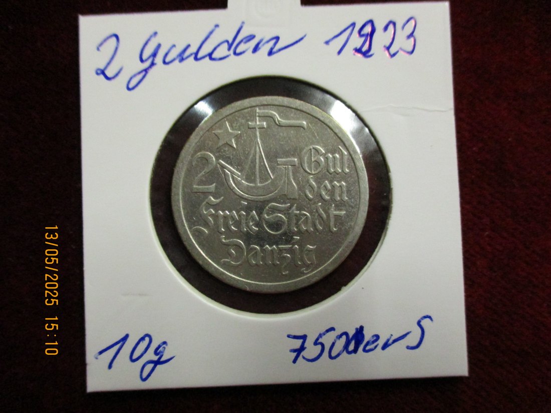  Silbermünze 2 Gulden 1923 Danzig 750er Silber Gewicht: 10g rau   