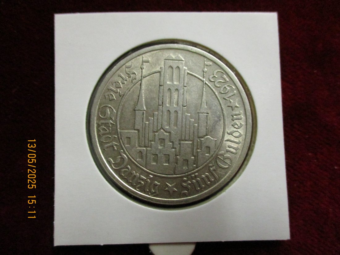  Silbermünze 5 Gulden 1923 Danzig 750er Silber Gewicht: 25g rau   