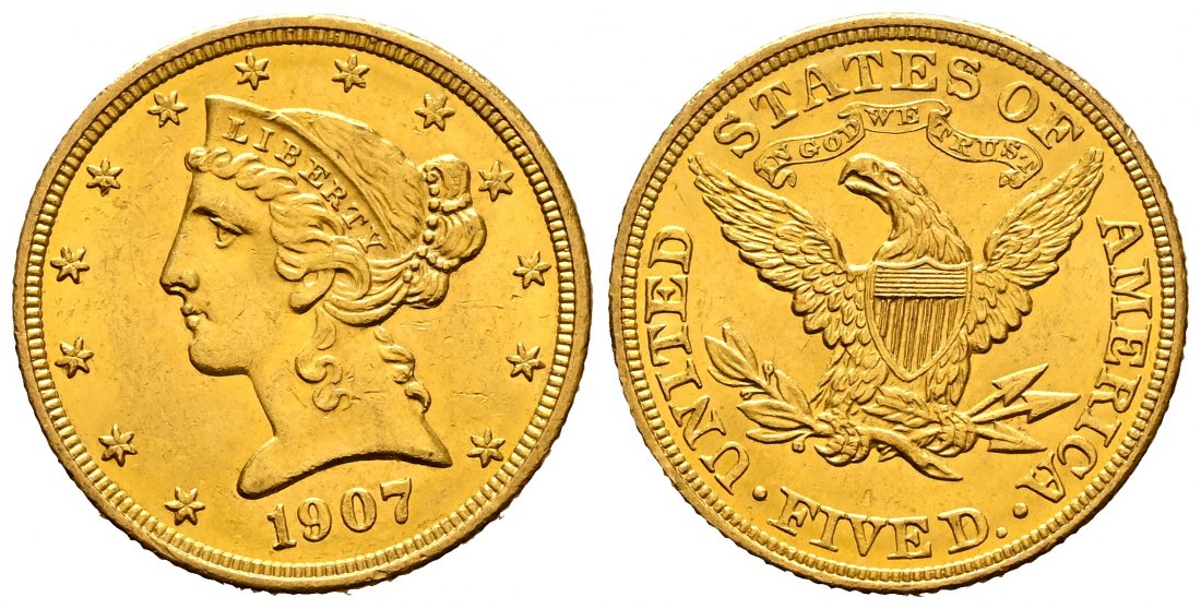 PEUS 2738 USA 7,52 g Feingold. Coronet Head 5 Dollars GOLD 1907 Kl. Randfehler, sehr schön