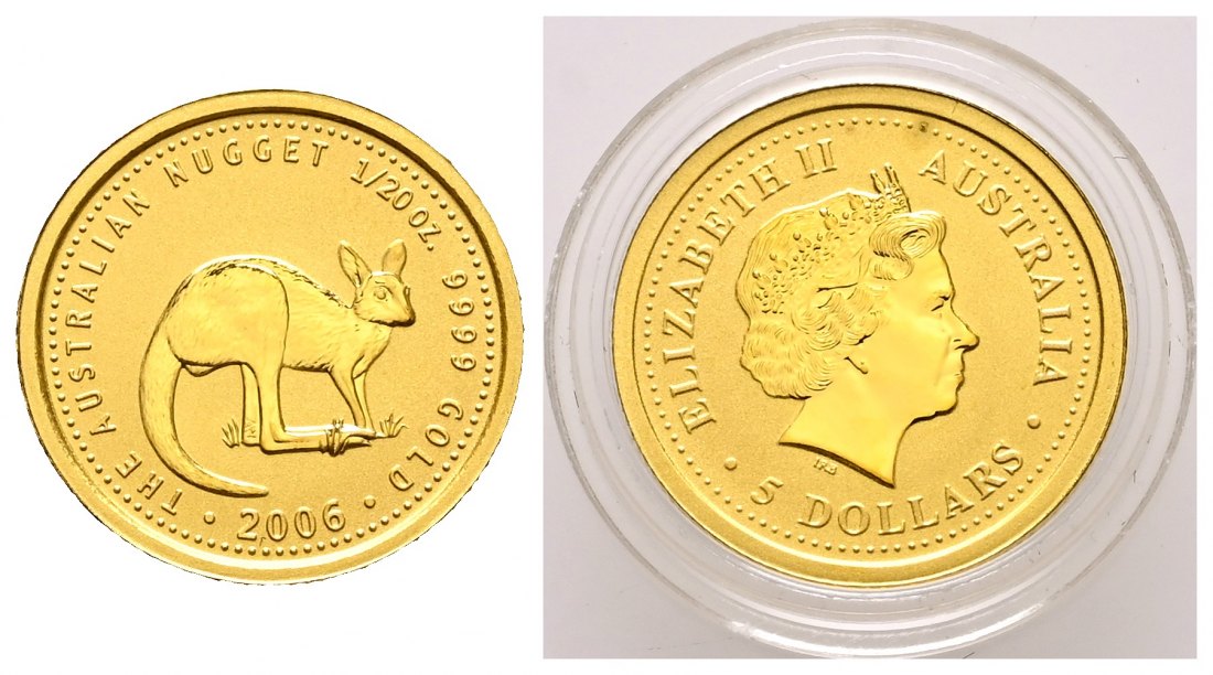 PEUS 2740 Australien 1,56 g Feingold. Känguru nach rechts 5 Dollars GOLD 1/20 Unze 2006 Uncirculated (Kapsel)