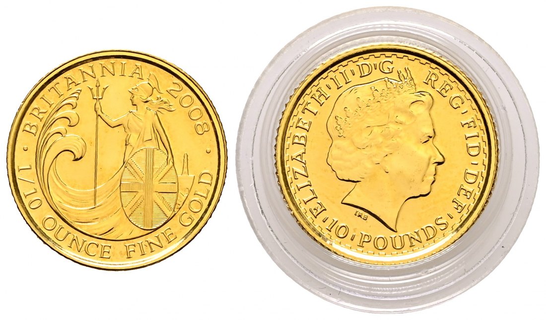 PEUS 2743 Großbritannien 3,11 g Feingold. Britannia Bullion Coin 10 Pounds GOLD 1/10 Unze 2008 Uncirculated (Kapsel)
