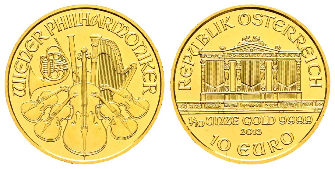 PEUS 2745 Österreich 3,11 g Feingold. Philharmoniker 10 Euro GOLD 1/10 Unze 2013 Uncirculated