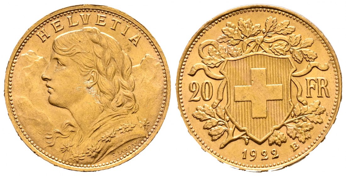 PEUS 2750 Schweiz 5,81 g Feingold. Vreneli 20 Franken GOLD 1922 B Vorzüglich