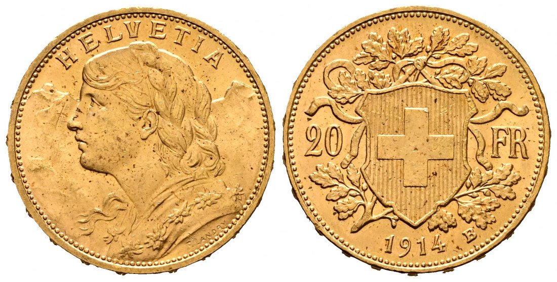 PEUS 2751 Schweiz 5,81 g Feingold. Vreneli 20 Franken GOLD 1914 B leicht fleckig, Vorzüglich