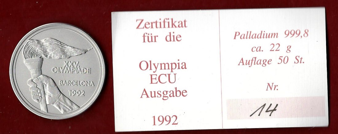 Olympia Barcelona ECU 22,16 Gr.99,99 Gr.Palladium Münzenankauf Koblenz Frank Maurer AJ918   