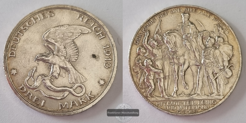  Dt. Kaiserreich Preussen, Wilhelm II. 3 Mark 1913 A  FM-Frankfurt KM#534 Feinsilber: 15g   