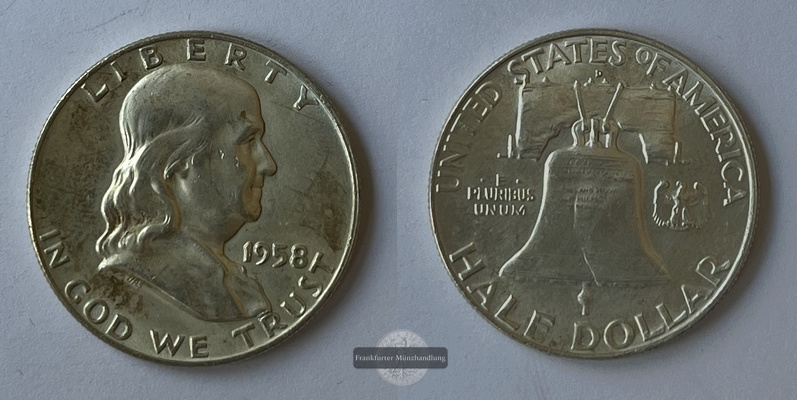  USA 1/2 Dollar 1958 Franklin Half Dollar KM#199 FM-Frankfurt Feinsilber: 11,25g   