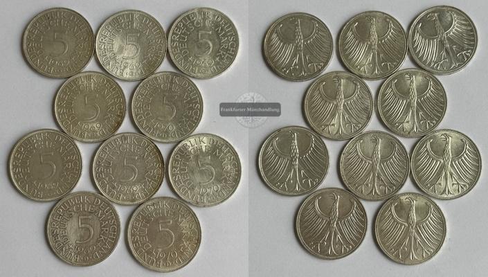  BRD  10x 5 DM  Lot 1969-70  FM-Frankfurt KM#112  Feinsilber: 70g   