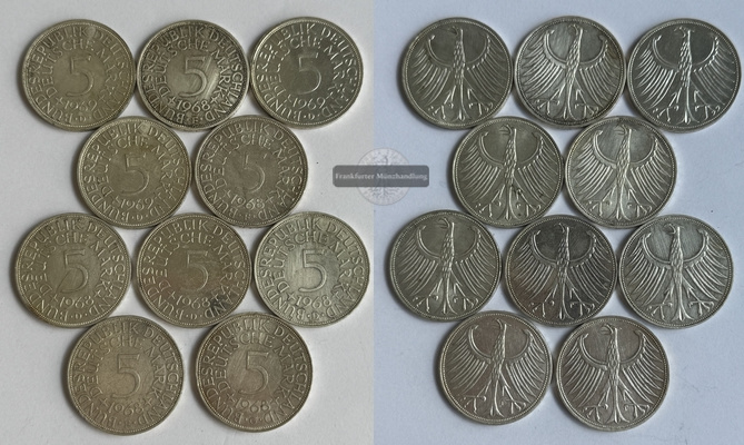  BRD  10x 5 DM  Lot 1968-69    FM-Frankfurt   KM#112    Feinsilber: 70g   