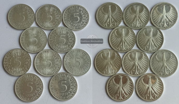  BRD  10x 5 DM  Lot 1974    FM-Frankfurt   KM#112    Feinsilber: 70g   
