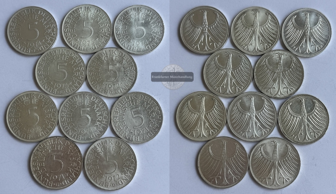  BRD  10x 5 DM  Lot 1971-74    FM-Frankfurt   KM#112    Feinsilber: 70g   
